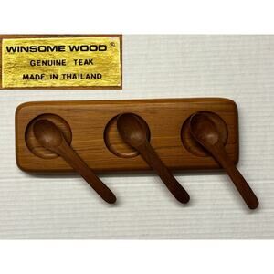 Mid-Century Modern Teak Condiment Spice Set Winsome Wood Tray &3 Spoons Thailand